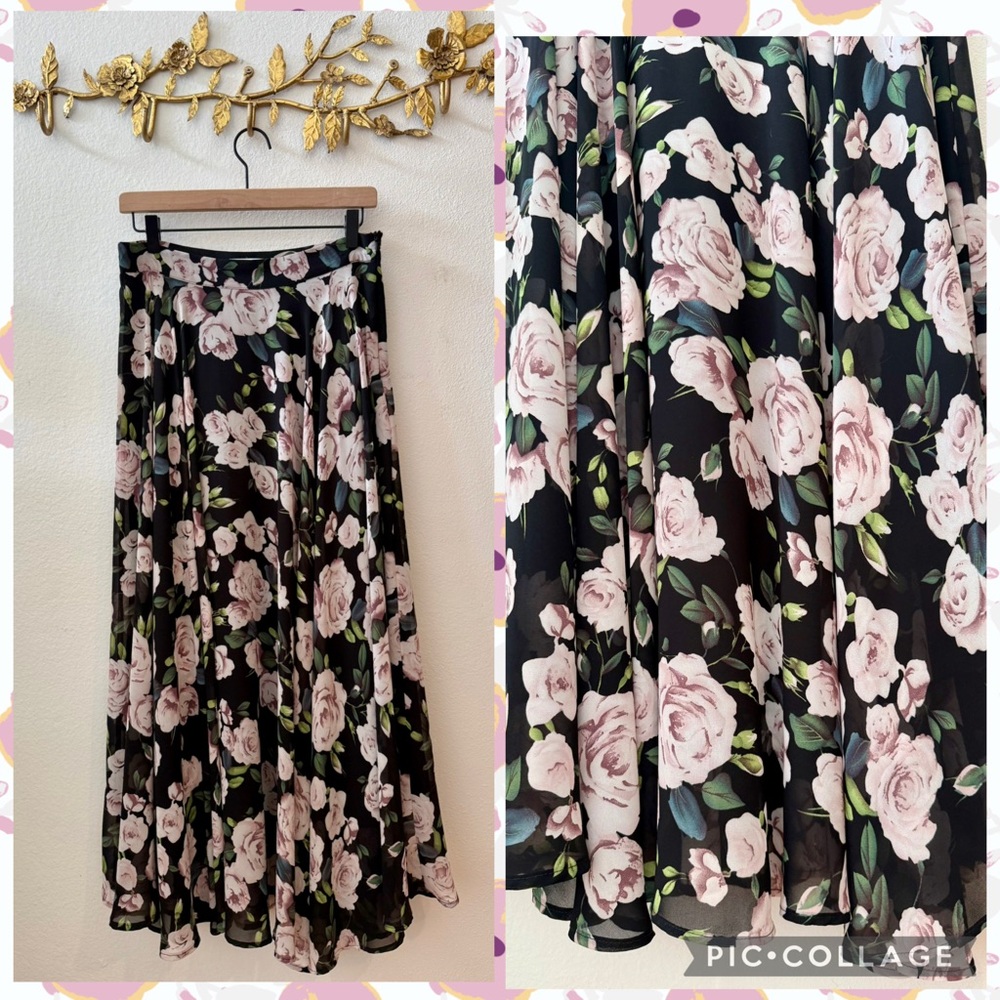 Lucy Paris Black and Pink Floral Maxi Skirt, size large